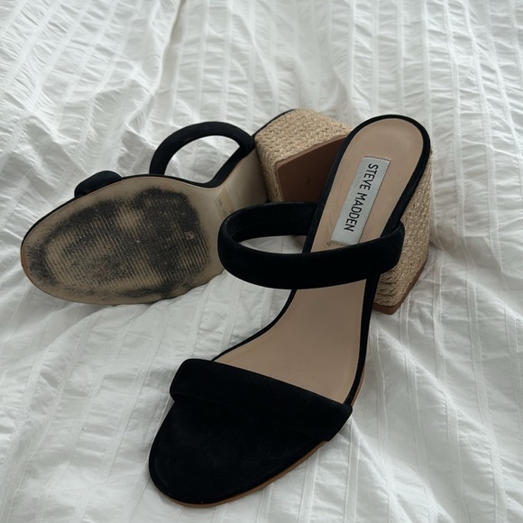 Steve Madden black sandal w/ burlap chunky heel - Picture 5 of 5